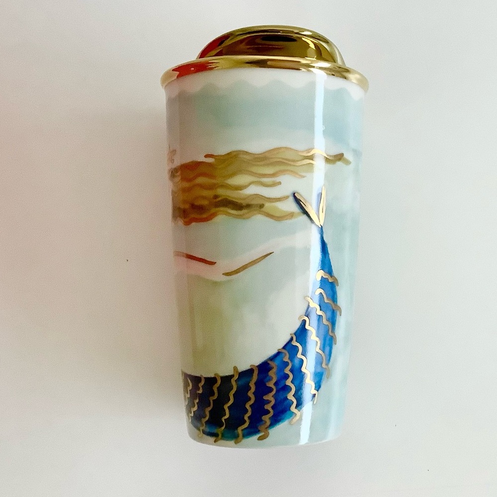 Starbucks Mermaid Siren Ceramic Travel Tumbler Mug Gold Lid 2014 Watercolor new - Picture 5 of 12